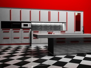 Modern kitchen interior in white and red color, rendering